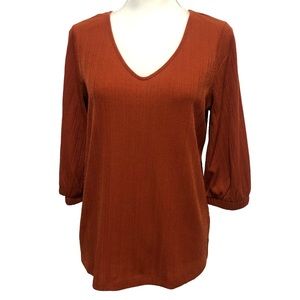 JULES & LEOPOLD Top Size Medium Burnt Orange 3/4 Sleeves V-Neck Ribbed Knit